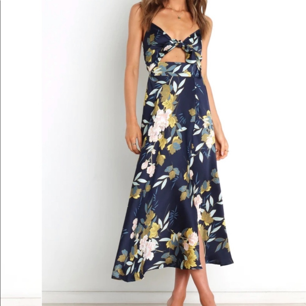 Petal & Pup Navy Floral Cutout Midi Dress with Pink & Gold Blooms
